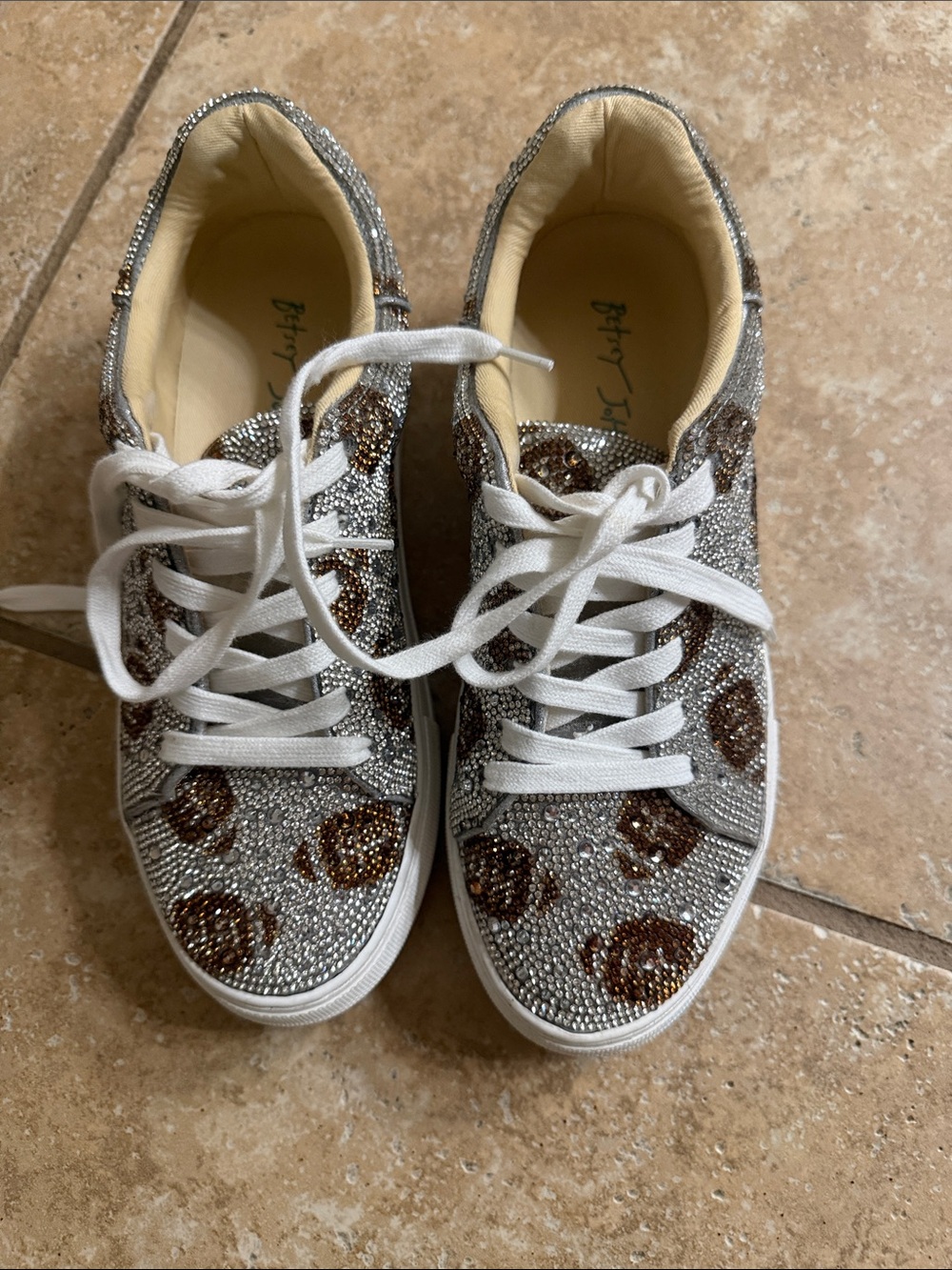 Betsey Johnson Sidny size 7.5 football Silver & Brown rhinestone sneakers